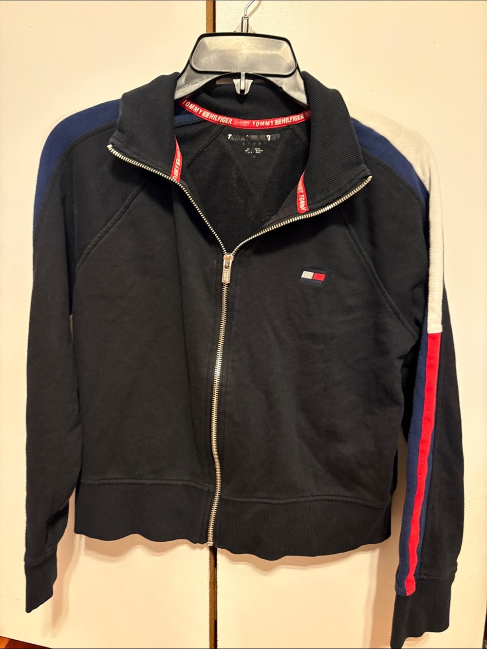Vintage Tommy Hilfiger Black Track Jacket with Red, White & Blue Stripes